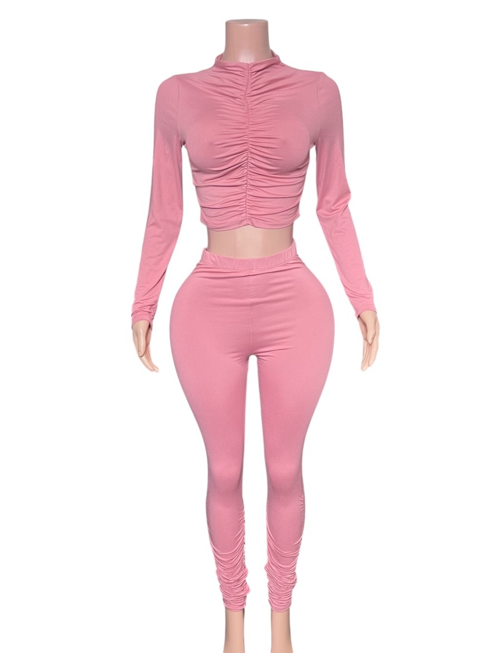 Ruched Long-Sleeve Crop Top & High-Waist Leggings Set - Pink